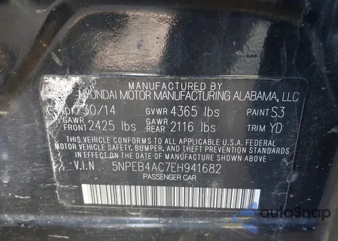 2014 Hyundai Sonata Gls z USA, uszkodzony, nr VIN 5NPEB4AC7EH941682